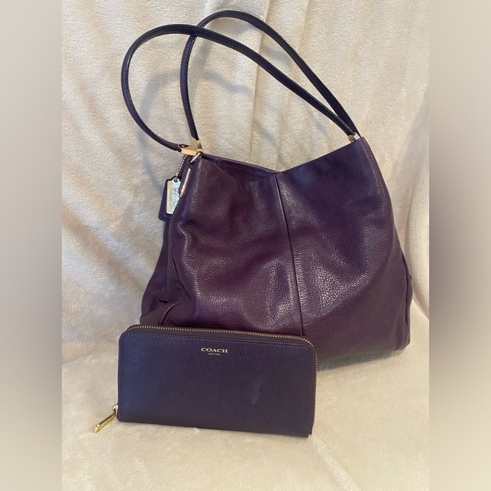 Coach Madison leather Phoebe shoulder bag and matching Coach wallet in purple.